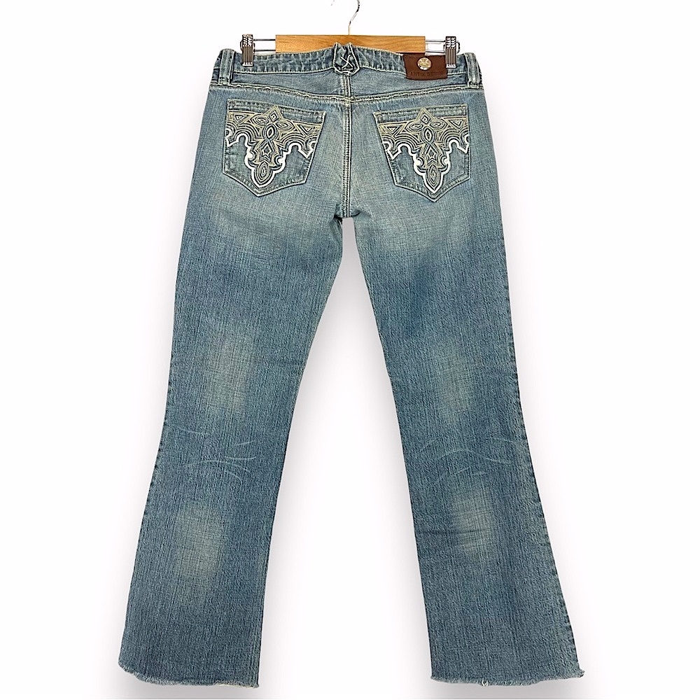 Y2K Antik Denim Jeans Low Rise 29 Cropped Embroidered Pockets 90s Light Wash